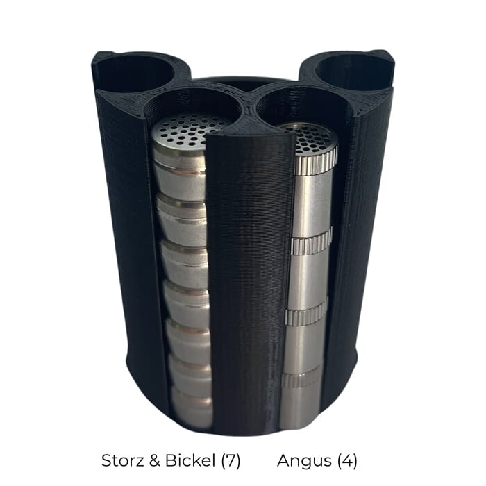 TightVac Capsule Holder for Large Capsules seen from the front with 7 Storz & Bickel capsules, and 4 Angus vaporizer dosing capsules inserted