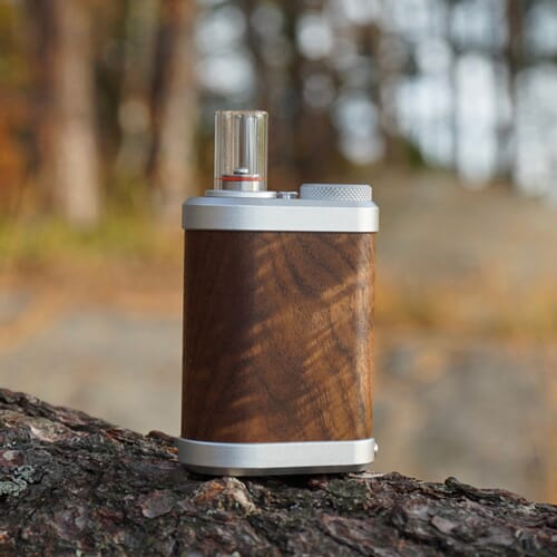 Tinymight 2 vaporizer standing on a tree root.