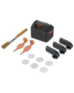 Everything included with the Venty Wear & Tear Set laid out. A cooling unit, a cleaning brush, two filling tools, three mouthpieces and six screens.